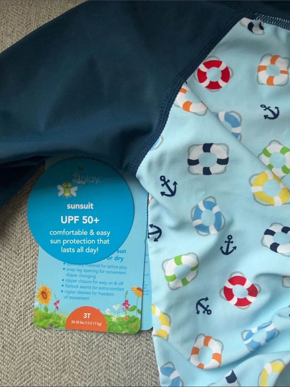 NWT 3t i play. Light Blue & Navy Short-Sleeve Swim Sunsuit with Lifesaver Print